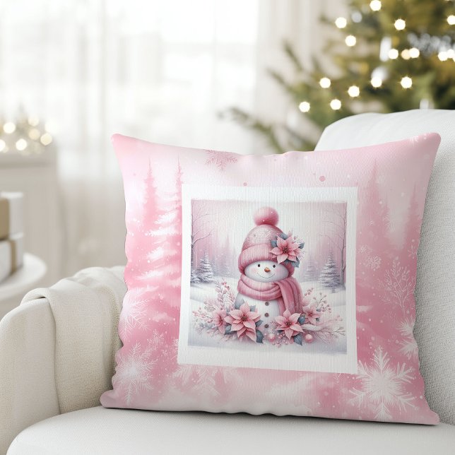 Roze Kerstman Kussen Winter Bos Decoratie (Pinkmas Cozy Snowman Pillow Winter Forest Decor)