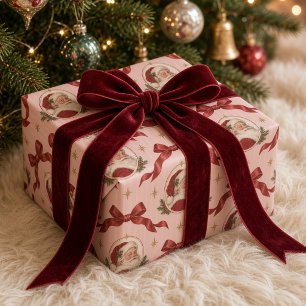 Roze Kerstman Medaillon Lint Boog Vintage Cadeaupapier