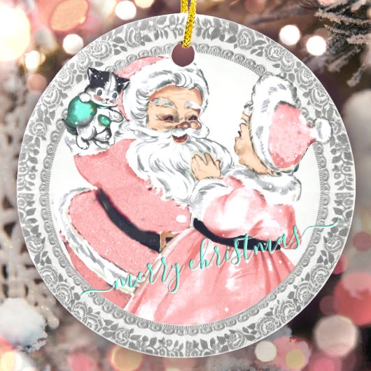 roze kerstman + mevrouw Claus Victoriaans Kerstmi Keramisch Ornament