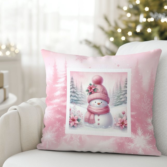 Roze Kerstman Mooie Winter Scene Decoratie Kussen (Pink Joy Snowman Cute Winter Scene Decor Pillow)