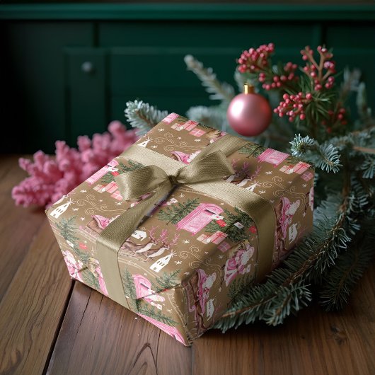 Roze Kerstman Rendier Noordpool Dorp Cadeaupapier