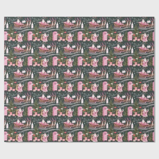 Roze Kerstman Rendier Noordpool Dorp Cadeaupapier (Vlak)