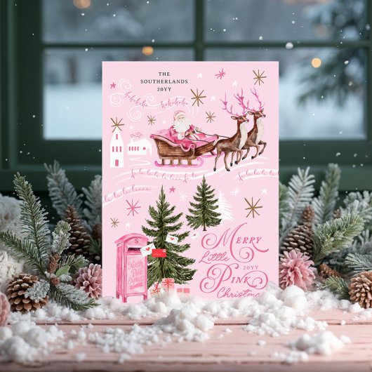 Roze Kerstman Rendier Noordpool Dorp Feestdagenkaart