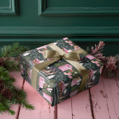 Roze Kerstman Rendier Noordpool Dorp Inpakpapier Vel