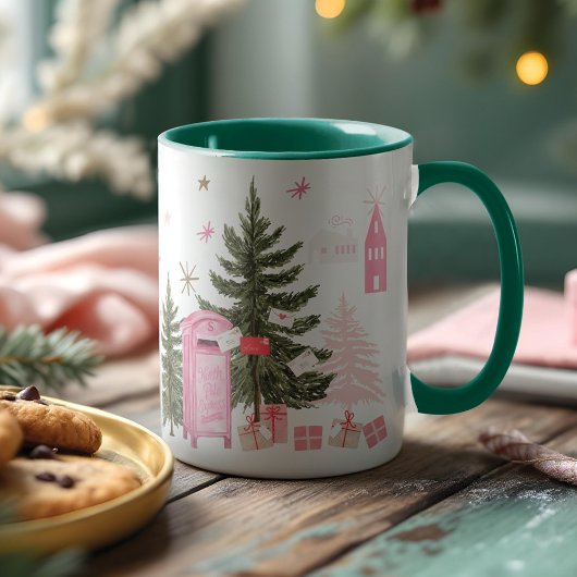 Roze Kerstman Rendier Noordpool Dorp Tweekleurige Koffiemok