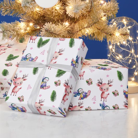Roze Kerstman Rendier Prettig Kerstmis Inpakpapier (Feestdagen)