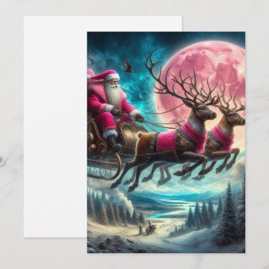 Roze Kerstman rijdt 's nachts Feestdagenkaart (Voorkant / Achterkant)