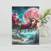 Roze Kerstman rijdt 's nachts Feestdagenkaart (Staand voorkant)