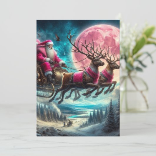 Roze Kerstman rijdt 's nachts Feestdagenkaart (Staand voorkant)