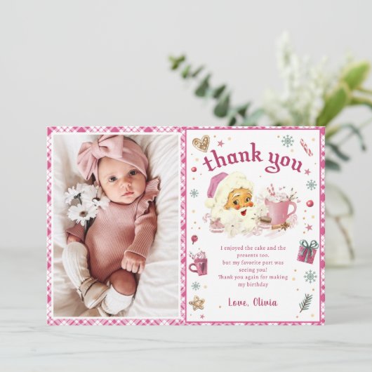 Roze Kerstman Verjaardag Foto Dank u Kaart (Staand voorkant)