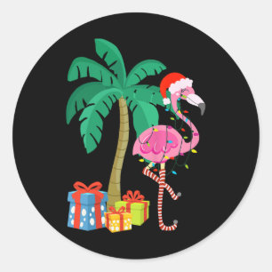 Roze kerstmanboom met flamingo - tropische feestda ronde sticker