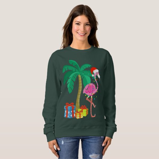Roze kerstmanboom met flamingo - tropische feestda trui (Voorkant volledig)