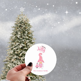 Roze Kerstmeisje Kabouter Met Wijnstok Hoed Jolly Ronde Sticker