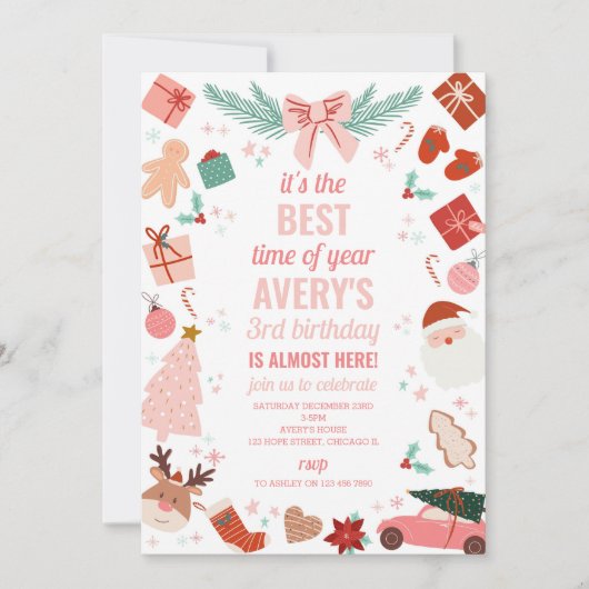 Roze Kerstmeisje Vakantie Uitnodiging (Voorkant)