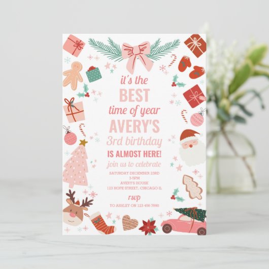 Roze Kerstmeisje Vakantie Uitnodiging (Staand voorkant)