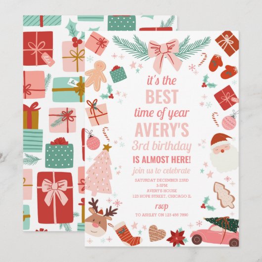 Roze Kerstmeisje Vakantie Uitnodiging (Voorkant / Achterkant)