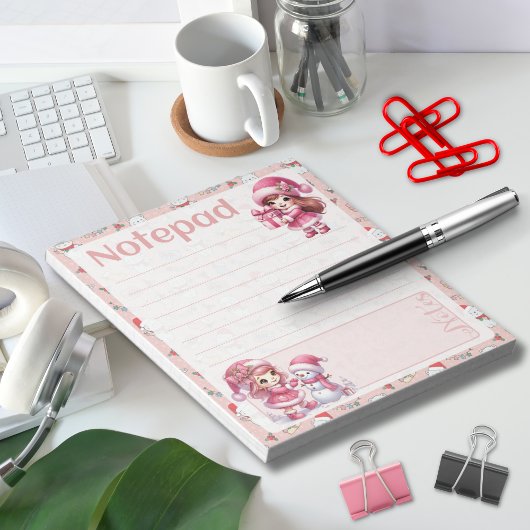 Roze Kerstmeisjes Sneeuwman Winterfeest Notitieblok