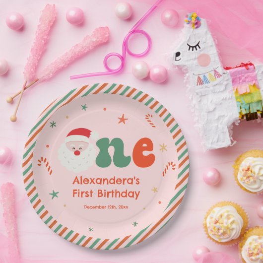 Roze Kerstmis 1e verjaardag Papieren Bordje (Feest)