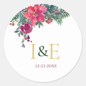 Roze Kerstmis Bloemen Bruiloft Monogrammen Ronde Sticker (Voorkant)