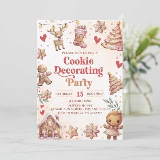 Roze Kerstmis Cookie Decorating Party Uitnodiging (Staand voorkant)