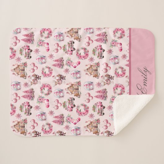 Roze Kerstmis Douane Sherpa Deken (Voorkant (horizontaal))