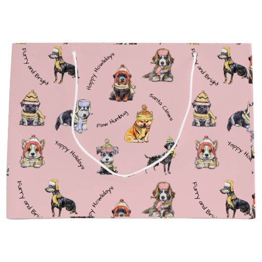 Roze Kerstmis Geïllustreerde Schattigee Honden Pat Groot Cadeauzakje (Voorkant)