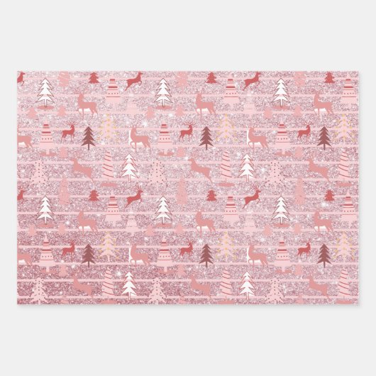 Roze Kerstmis Glitter look Treins Reindeer Inpakpapier Vel (Voorkant 2)