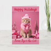 Roze Kerstmis Kat Liefhebbers Ginger Kitten Feestdagen Kaart (Voorkant)