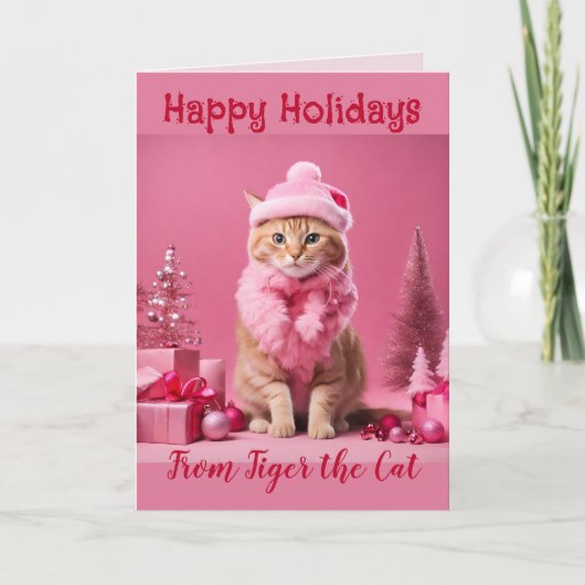 Roze Kerstmis Kat Liefhebbers Ginger Kitten Feestdagen Kaart (Voorkant)