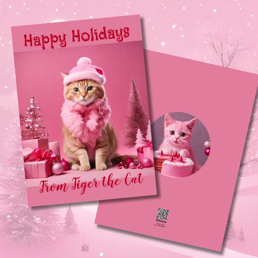 Roze Kerstmis Kat Liefhebbers Ginger Kitten Feestdagen Kaart