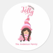 Roze Kerstmis Meisje Gnome Met Donker Haar Jolly Ronde Sticker (Voorkant)