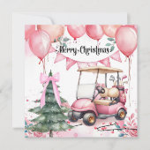 Roze Kerstmis met golfkar voor golfer    Feestdagenkaart (Voorkant)