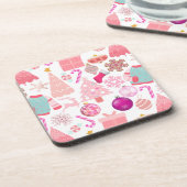 Roze Kerstmis Ornament Patroon Bier Onderzetter (Linkerzijde)