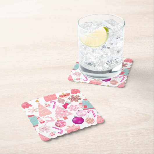 Roze Kerstmis Ornament Patroon Kartonnen Onderzetters (Insitu)