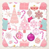 Roze Kerstmis Ornament Patroon Kartonnen Onderzetters (Voorkant)