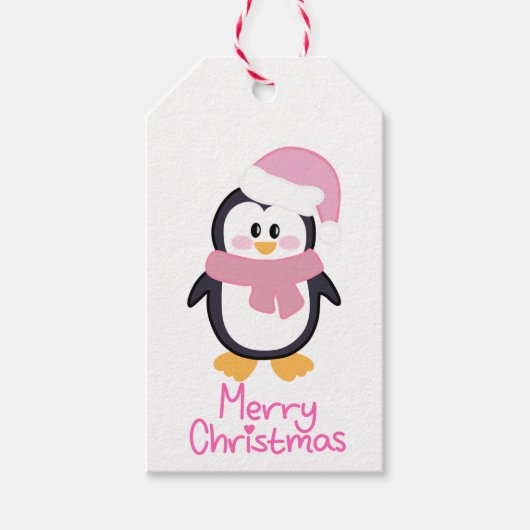 Roze Kerstmis Pinguïn Vrolijk Kerstfeest Cadeaulabel (Voorkant)