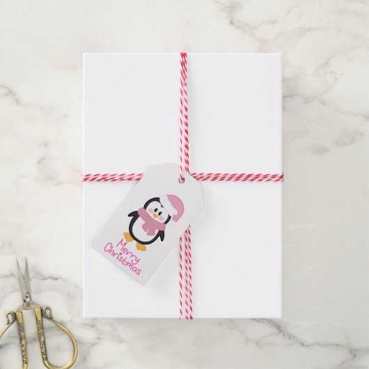 Roze Kerstmis Pinguïn Vrolijk Kerstfeest Cadeaulabel (Met Touw)