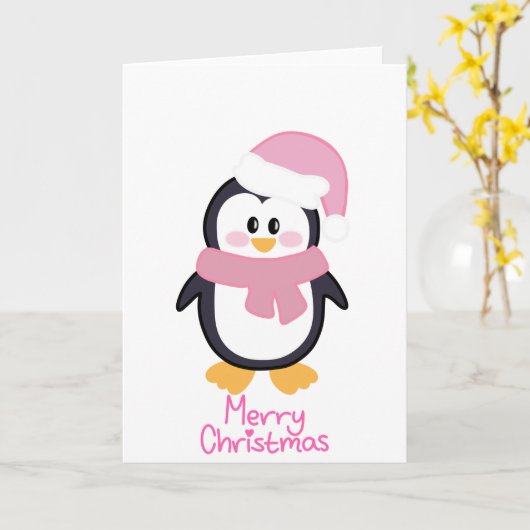 Roze Kerstmis Pinguïn Vrolijk Kerstfeest Kaart (Gele Bloem)