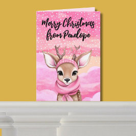 Roze Kerstmis Rendier Gepersonaliseerd Schattige Feestdagen Kaart