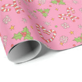 Roze Kerstmis Retro Candy Cane Holly Cadeaupapier (Rol Hoek)