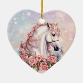 Roze Kerstmis Rose Boeket Wit Paard Kinderen Keramisch Ornament (Voorkant)