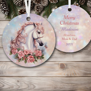 Roze Kerstmis Rose Boeket Wit Paard Kinderen Metalen Ornament