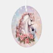 Roze Kerstmis Rose Boeket Wit Paard Kinderen Metalen Ornament (Voorkant links)