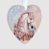 Roze Kerstmis Rose Boeket Wit Paard Kinderen Ornament (voorkant)