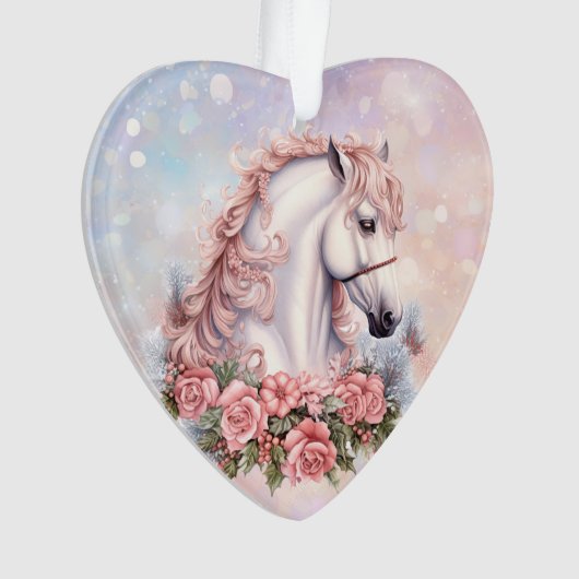 Roze Kerstmis Rose Boeket Wit Paard Kinderen Ornament (voorkant)