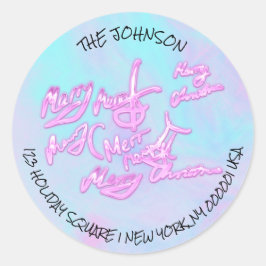 Roze Kerstmis Script Holografisch Retouradres Ronde Sticker