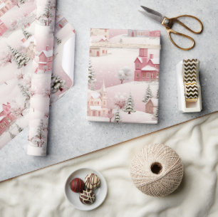 Roze Kerstmis Sneeuw Dorp Vintage Cadeaupapier