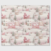 Roze Kerstmis Sneeuw Dorp Vintage Cadeaupapier (Vlak)