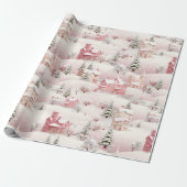 Roze Kerstmis Sneeuw Dorp Vintage Cadeaupapier (Uitgerold)