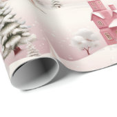 Roze Kerstmis Sneeuw Dorp Vintage Cadeaupapier (Rol Hoek)